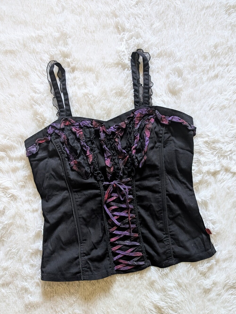Y2K Tripp NYC Purple Plaid Lace Up Black Gothic Ruffle Corset Top XXL